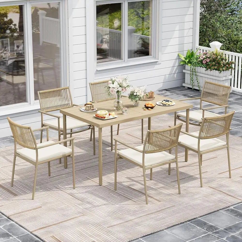 7-Piece Outdoor Dining Set with Wicker Patio Table & 6 Rattan Chairs – Beige