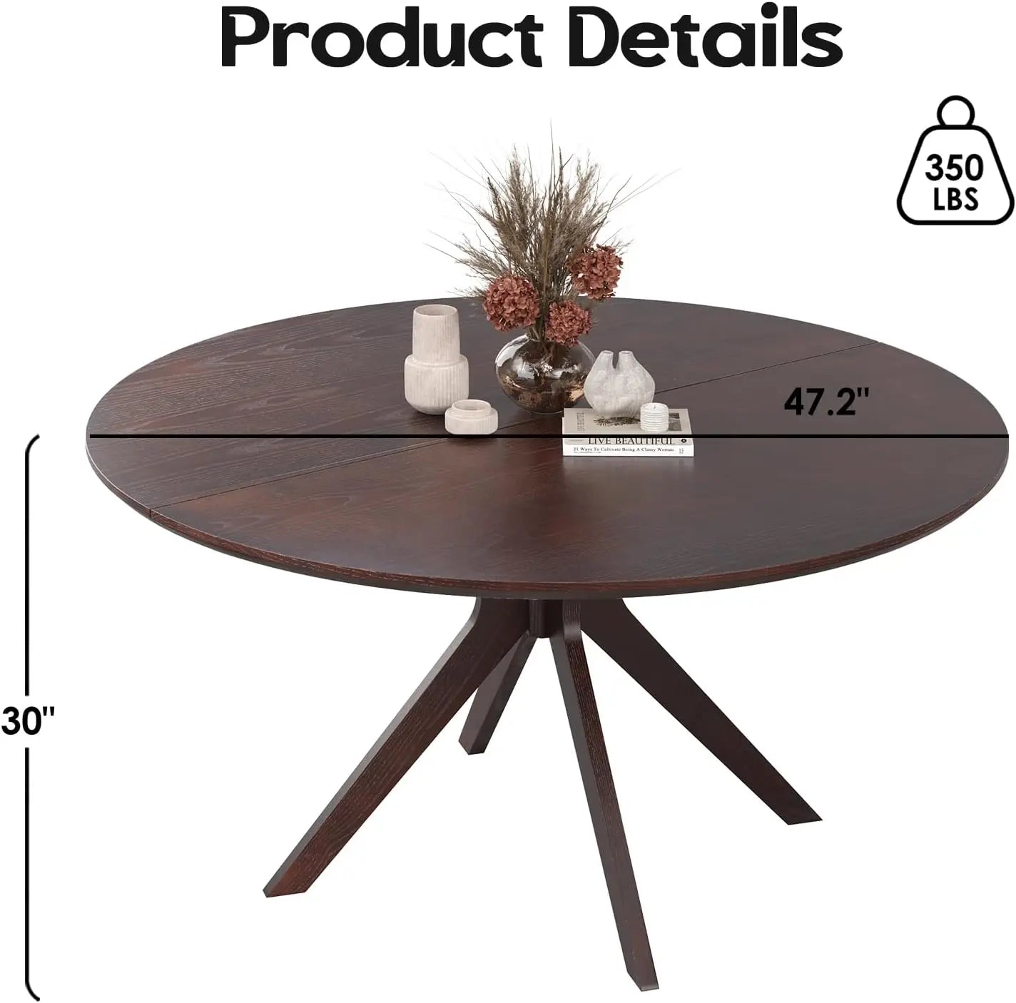 Round Natural Wood Dining Table for Living Room, Café, Easy Assembly, Modern Small Table for 2-4 People