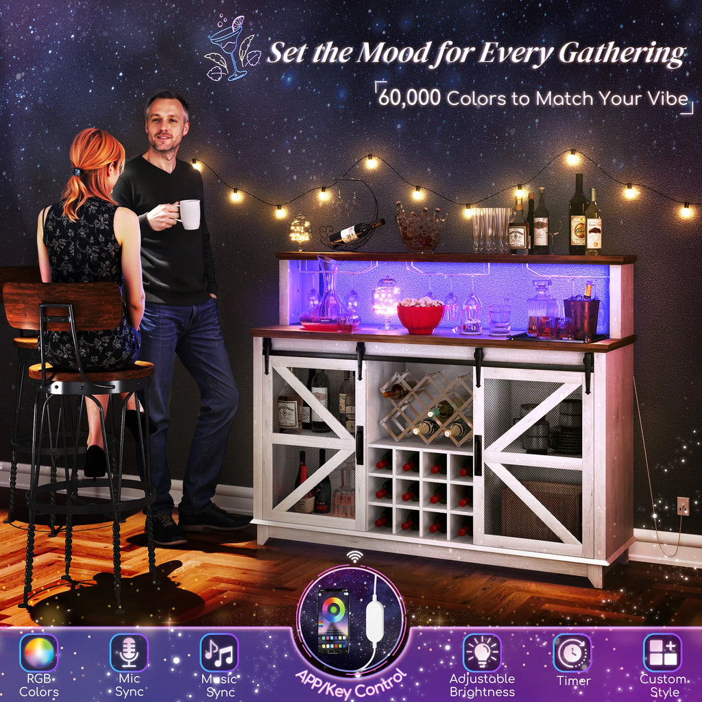 HOMCOM Farmhouse Coffee Bar Cabinet with Smart App Control LED Lights, 55" Wine Bar Cabinet with 12-Bottle Rack, Glass Holder, Kitchen Sideboard Buffet with Sliding Mesh Doors, Distressed White