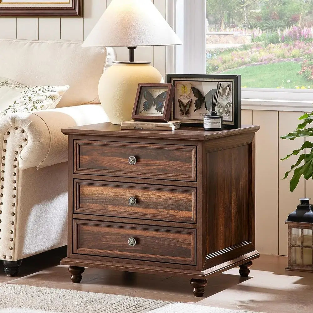2-Piece Brown Wood Nightstand Set with Drawers – Wide Farmhouse End Tables with Metal Handles for Bedroom & Living Room