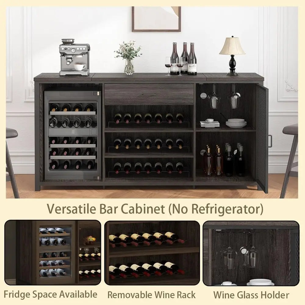 70 Inch Rustic Wood and Metal Large Wine Cabinet with Storage for Kitchen Dining Room