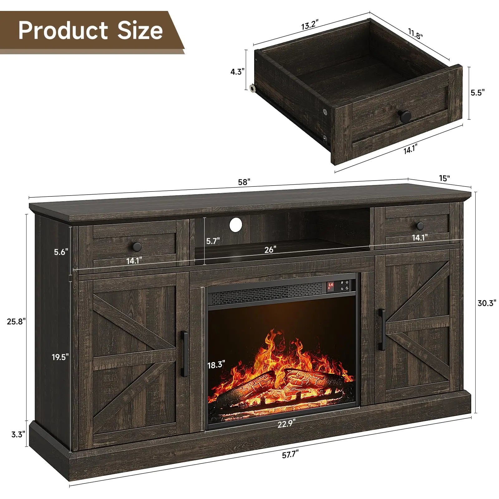 Brand Farmhouse Fireplace Entertainment Center for Tvs up to 70 Inches, Media Console Table with 23-Inch Electric Fireplace, Drawers and Storage