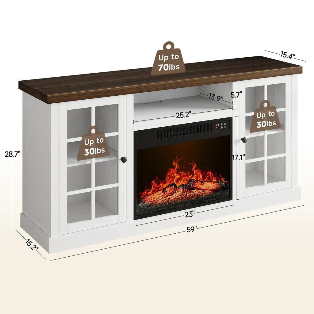 Farmhouse 59-Inch TV Stand with 23-Inch Electric Fireplace, Entertainment Center TV Table for Tvs up to 65 Inches, Media Console with Storage and Glass Doors for Living Room, White