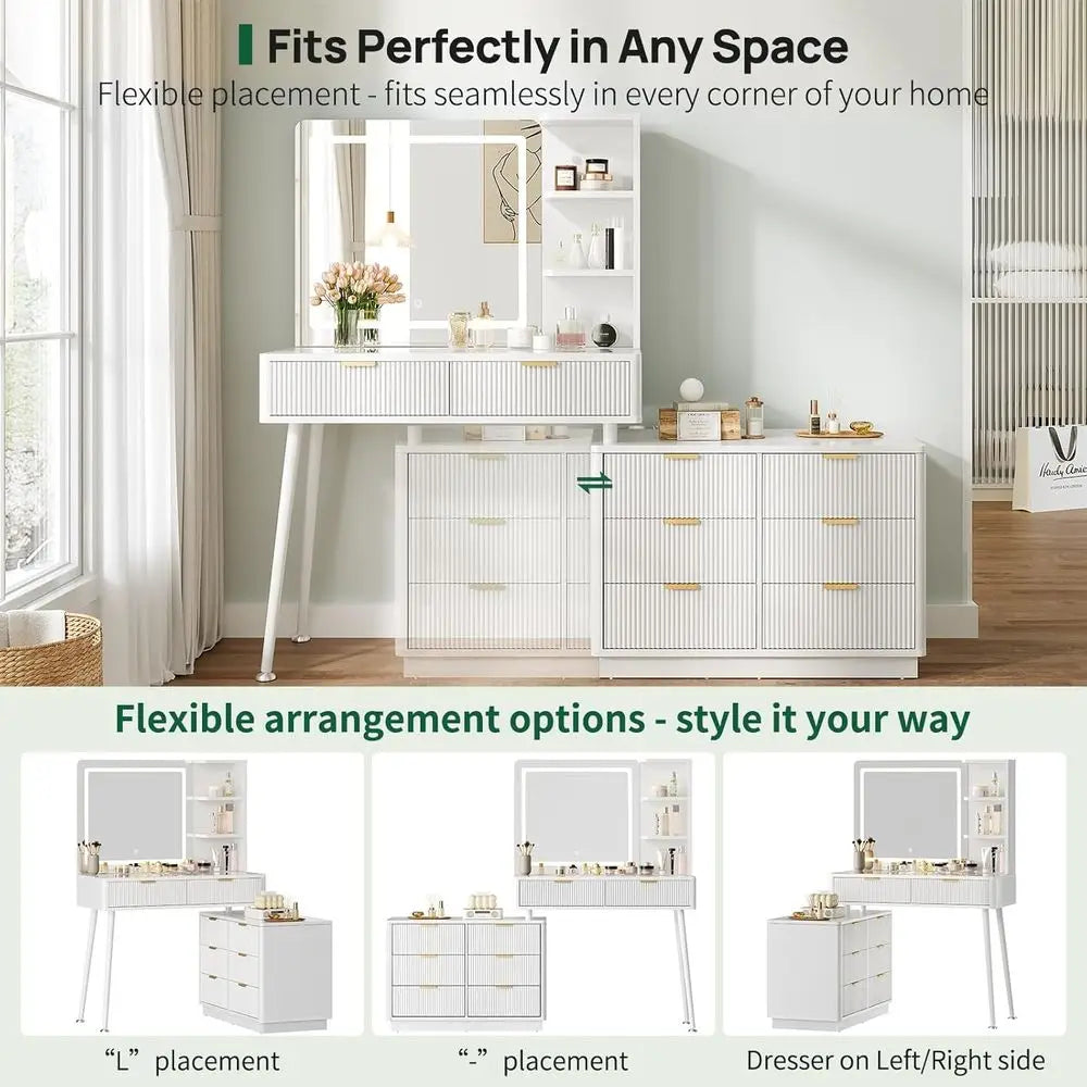 65-Inch White LED Makeup Vanity with Mirror – Glass Top, 8 Drawers & Storage Shelves for Bedroom