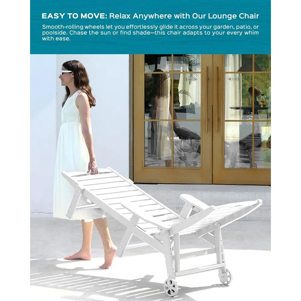 All-Weather Outdoor Lounge Set of 4 – HDPE Patio Chaise Chairs with Wheels, Cup Holder & 5-Position Adjustable Backrest – White