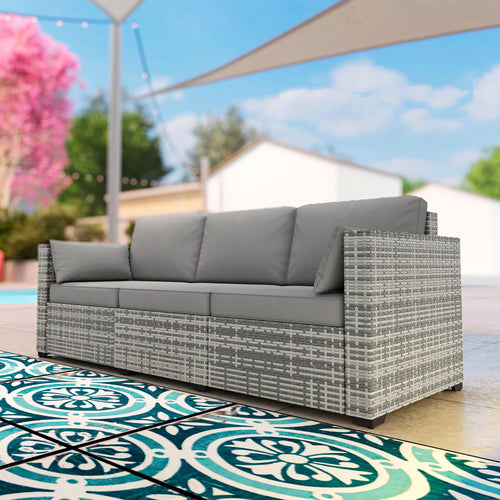 Wicker Patio Couch, Pe Rattan 3-Seat Sofa, Outdoor Furniture with Deep Seating, Cushions, Steel Frame, Gray