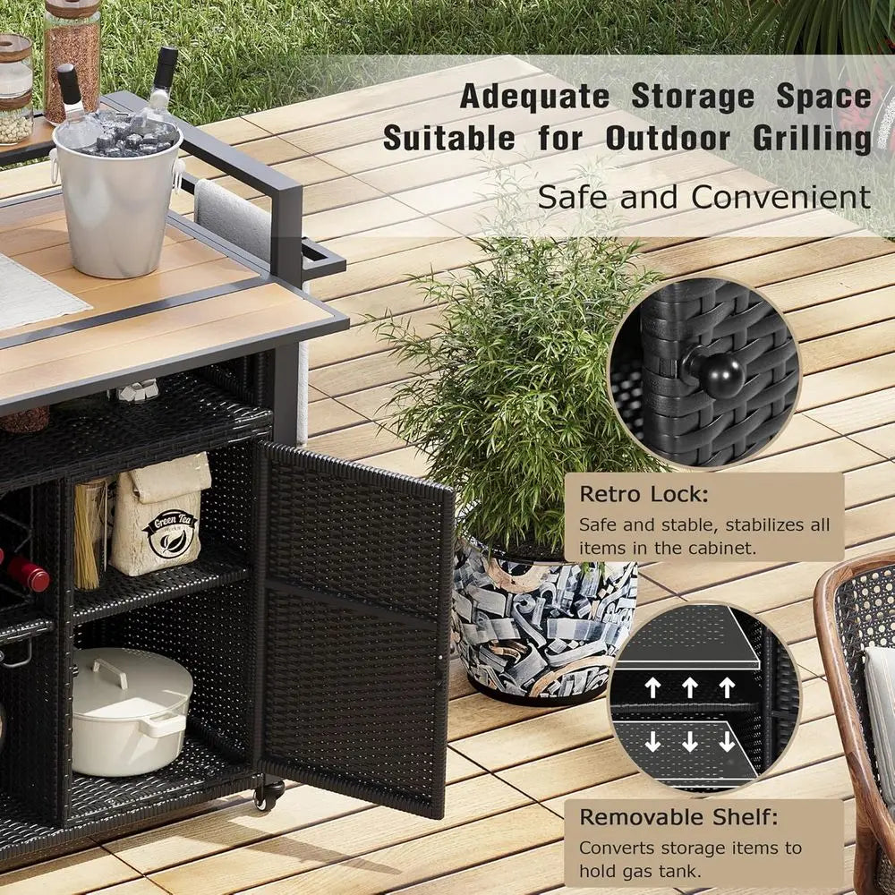 Black Outdoor Wicker Bar Cart with Extendable Plastic Wood Top and Large Storage Cabinet for Patio, Garden, and Poolside