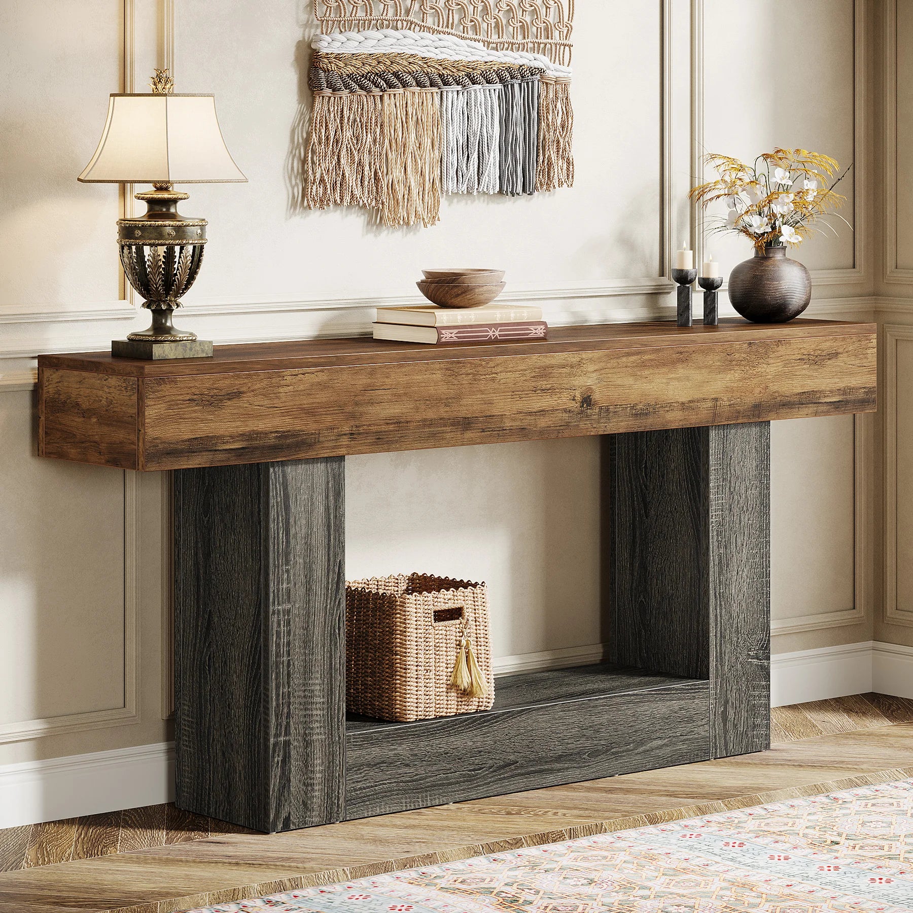 63" Console Table, Farmhouse 2-Tier Entryway Table with U-Shaped Base,Narrow Long Wood Sofa Table behind Couch Table