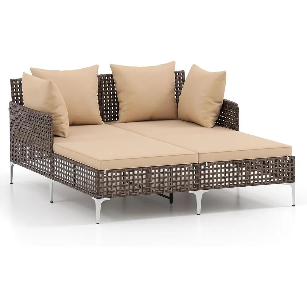 Outdoor Double Chaise Lounger with Cushions and Pillows for Patio, Garden, and Poolside (Beige, 27.5''H)
