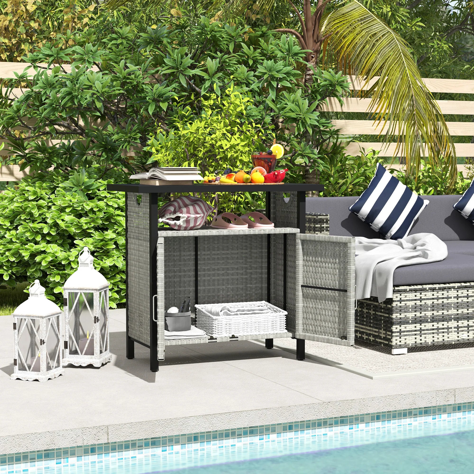 Outdoor Pool Towel Storage Cabinet Organizer, Pool Valet with Cabinet Gray