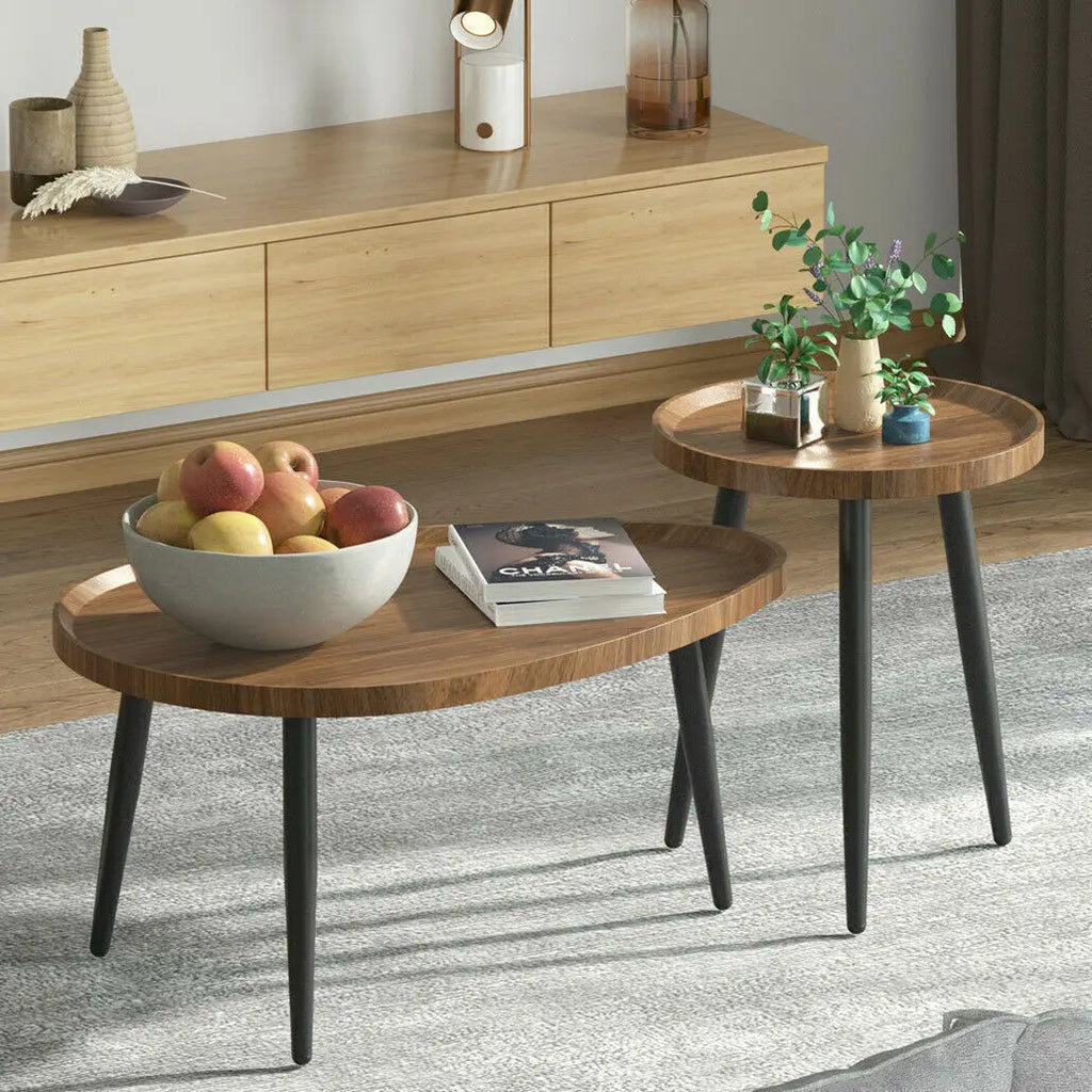 Round Coffee Table Set of 2 Rustic for Living Room Modern Nesting Tables for Balcony Office with Wood Table Top and Metal Legs