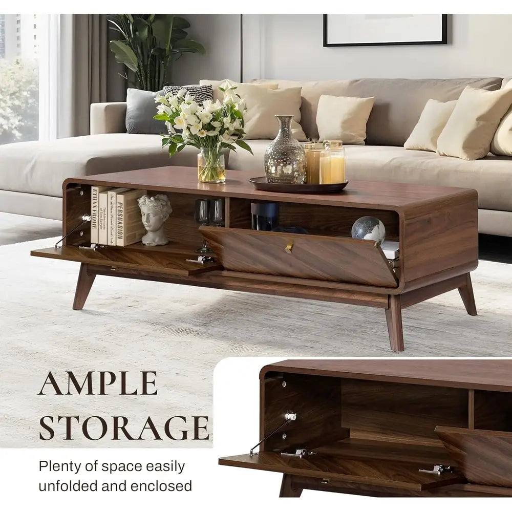 47" Mid-Century Modern Coffee Table with Storage & Live Edge Wood Design