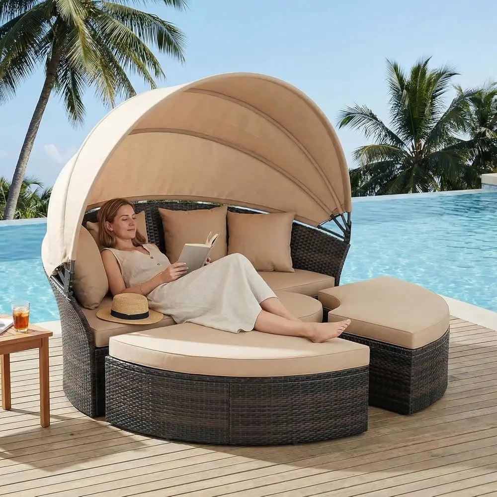 Outdoor Patio Daybed with Retractable Canopy – 5-Piece Brown Wicker Rattan Round Sectional Sofa Set