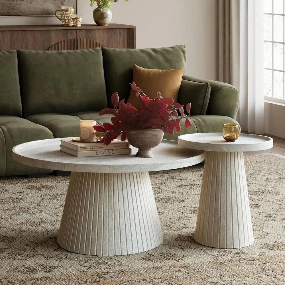 2-Piece Round Coffee Table Set with Marble Veneer – Nesting Travertine Tables for Living Room & Office