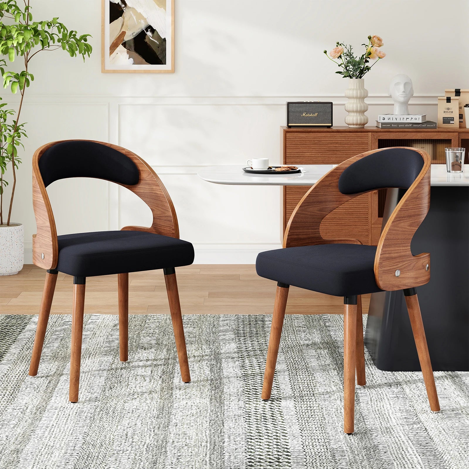 Wood Dining Chairs, Set of 2 Modern Upholstered Dining Chairs with Curved Backrest for Kitchen, Dining Room, Living Room