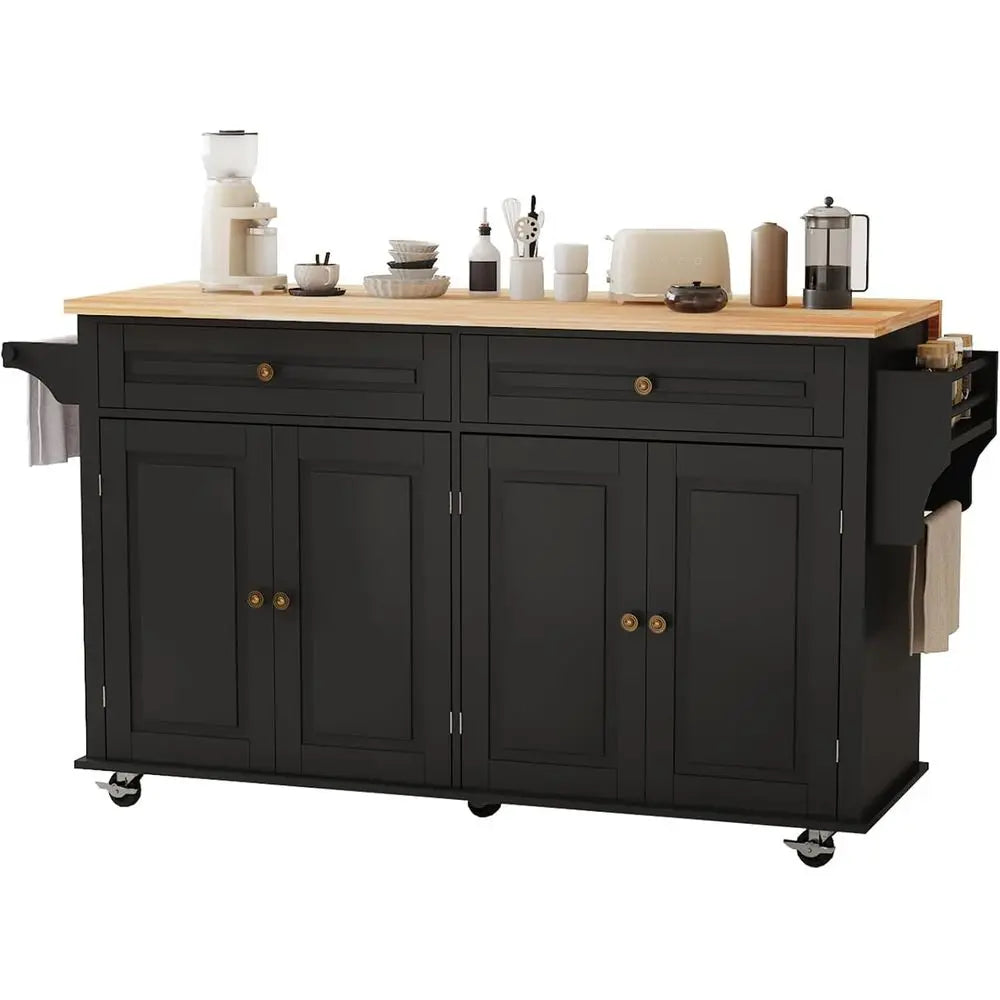 67 Rolling Kitchen Island with Drop Leaf Breakfast Bar, Storage Cabinet, and Spice Rack in Black