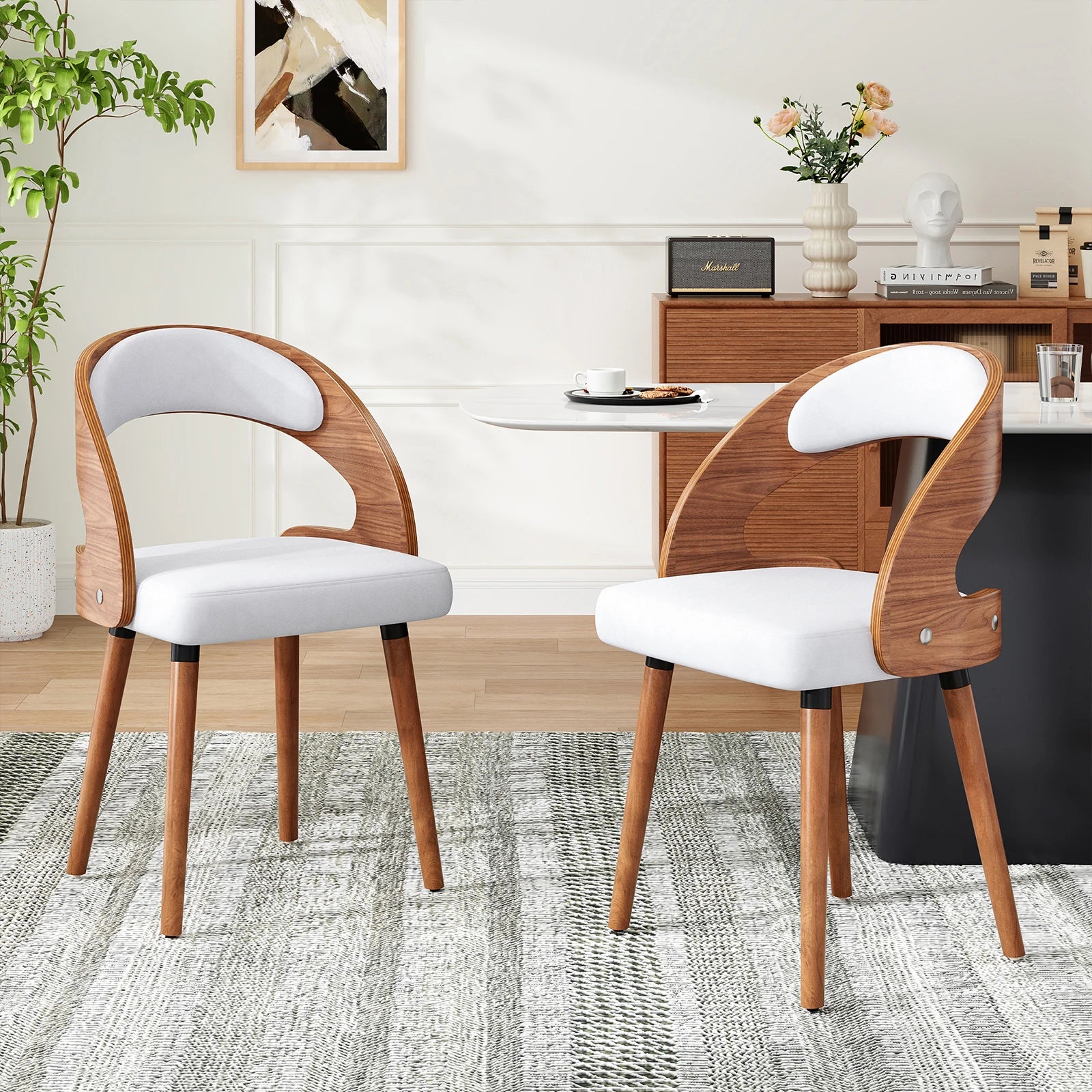 Wood Dining Chairs, Set of 2 Modern Upholstered Dining Chairs with Curved Backrest for Kitchen, Dining Room, Living Room