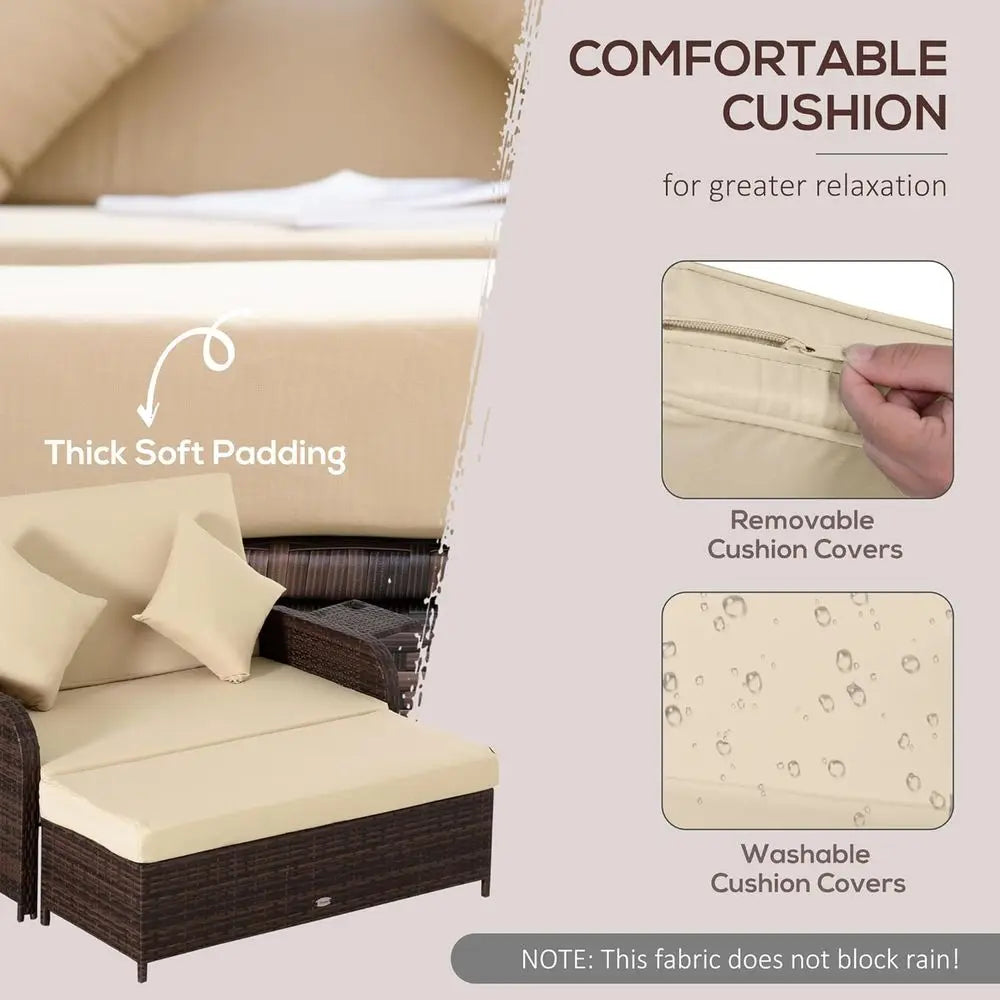 Beige Rattan Daybed with Cushions, Outdoor Wicker Lounge Bed Set, Ottoman, Coffee and Side Tables for Patio, Poolside