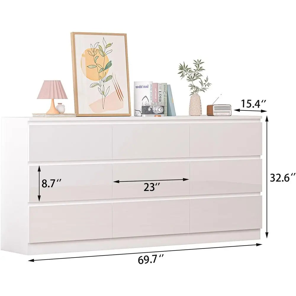 70 Inch Wide High Gloss White Chest of Drawers with Power Outlet for Large Storage in Bedroom