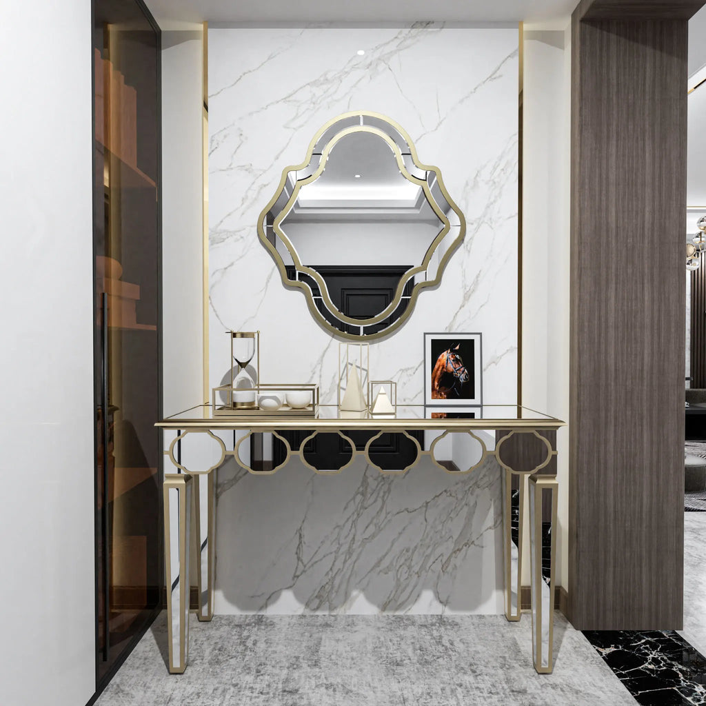 Mirrored Console Table:Modern Rectangular Silver Mirrored Entryway Table with Gold Rim Decorative Sofa Table 4 Legs for Hallway