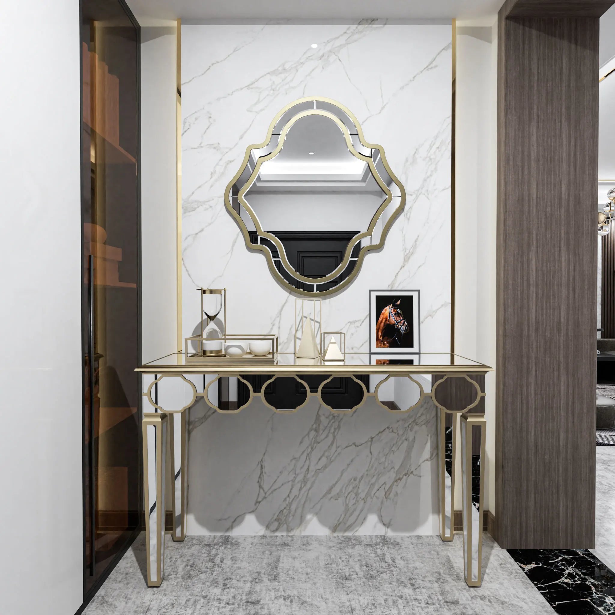 Mirrored Console Table:Modern Rectangular Silver Mirrored Entryway Table with Gold Rim Decorative Sofa Table 4 Legs for Hallway