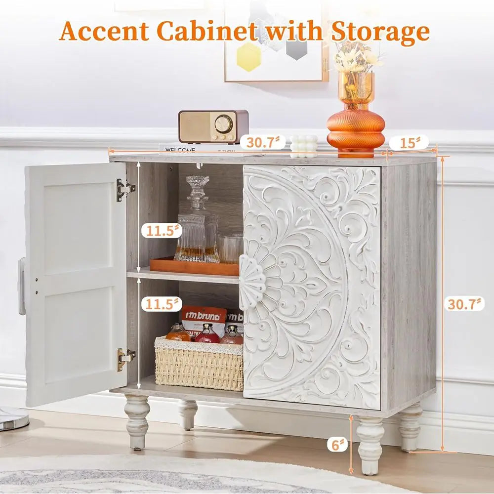 French-Style Vintage Sideboard Cabinet, 62 Wide, with 2 Carved Doors for Living, Hallway, Dining Rooms