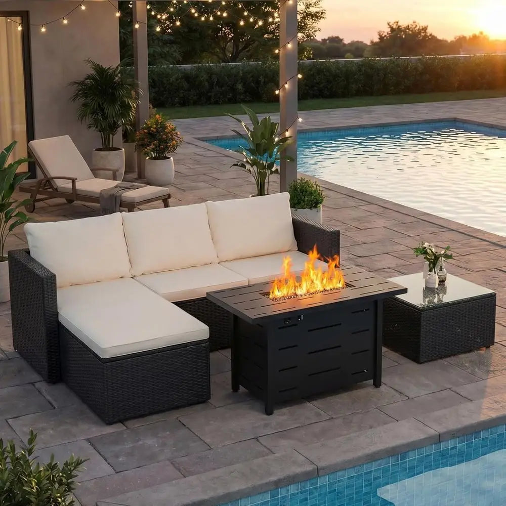 4-Piece Outdoor Patio Furniture Set with 43 Propane Gas Fire Pit Table, Wicker Sectional Sofa for Backyard, Poolside, Garden (Be