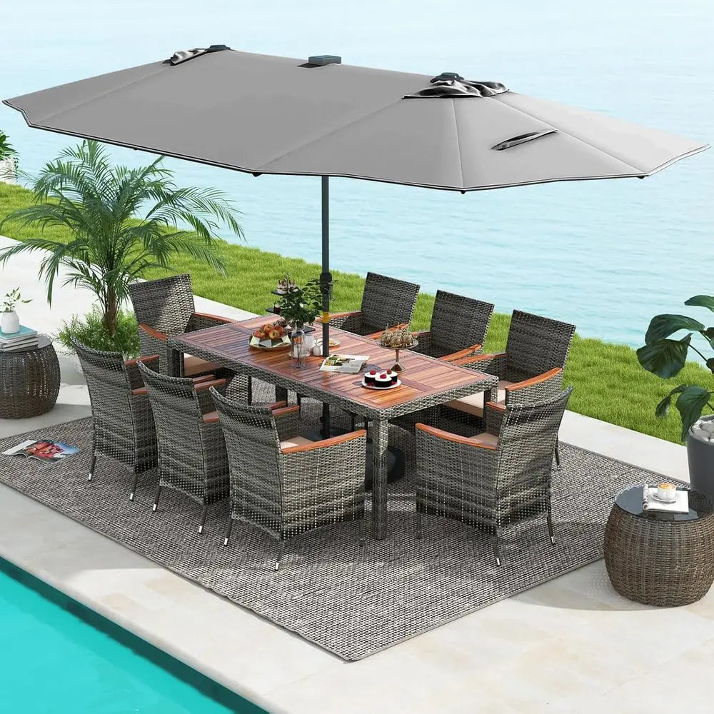 11-Piece Outdoor Patio Dining Set with Double-Sided LED Umbrella and Acacia Wood Table