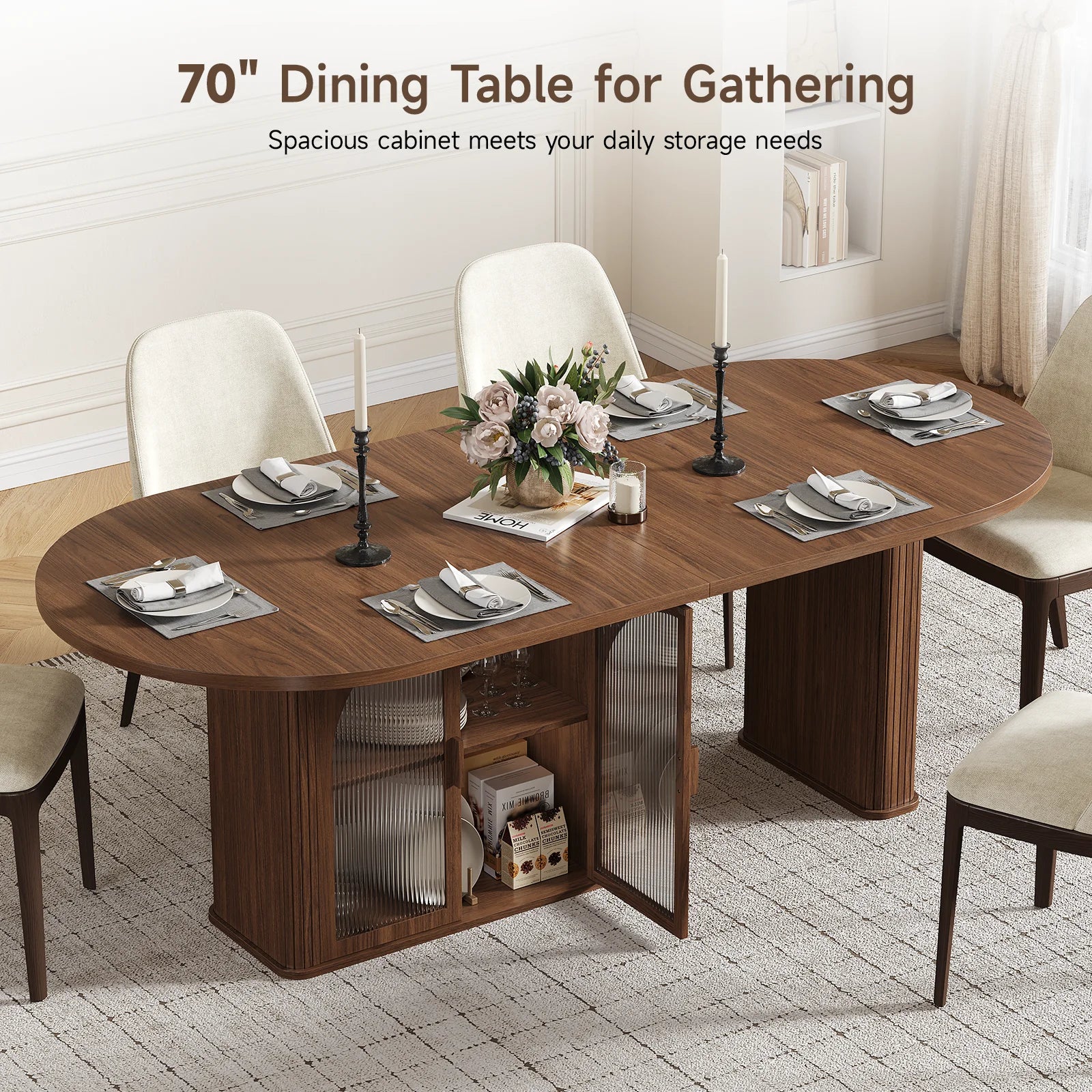 Walnut 70 Inch Oval Dining Table for 6-8 People, Modern Large Dining Room Table with 2-Tier Storage Space, Wood Center Kitchen Table with LED Light, Dinner Table with Heavy Duty Legs