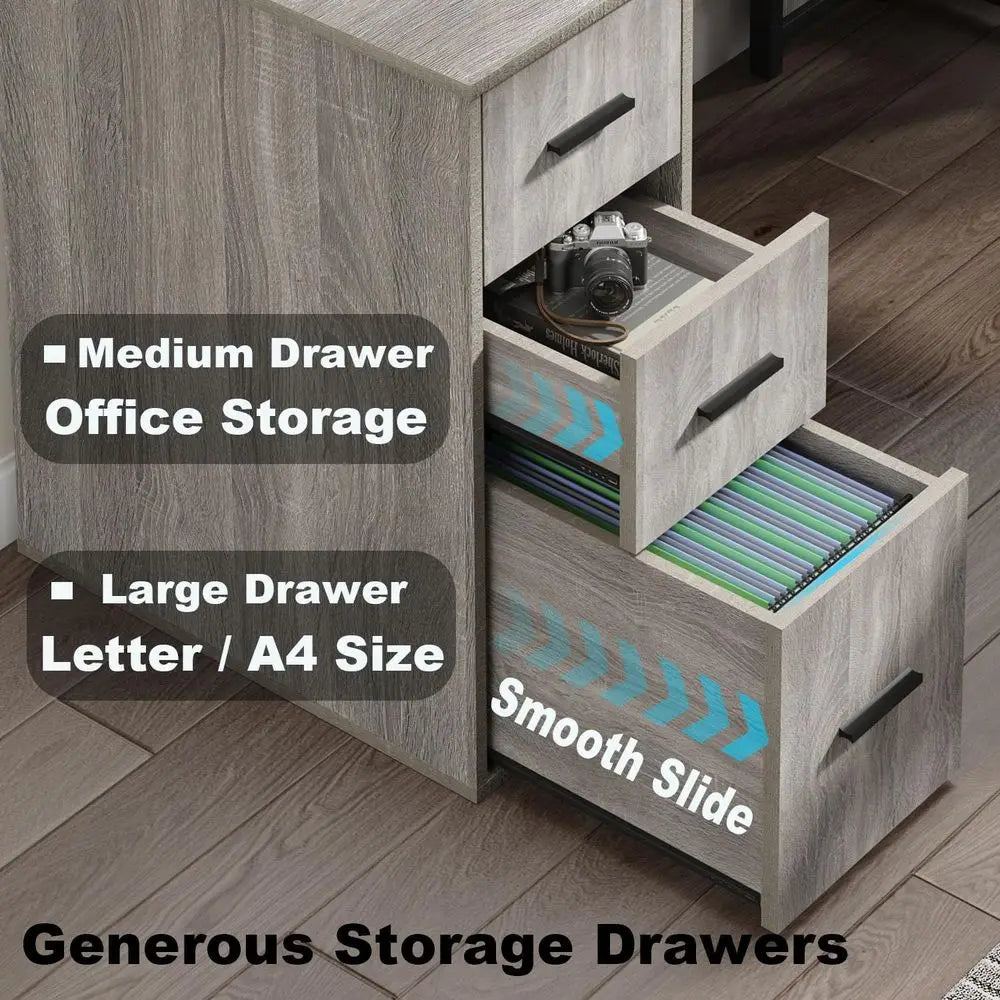 Gray L-Shaped Desk with Drawers, Large Workstation, Storage Shelves, Light Grey Oak, 59 Inch