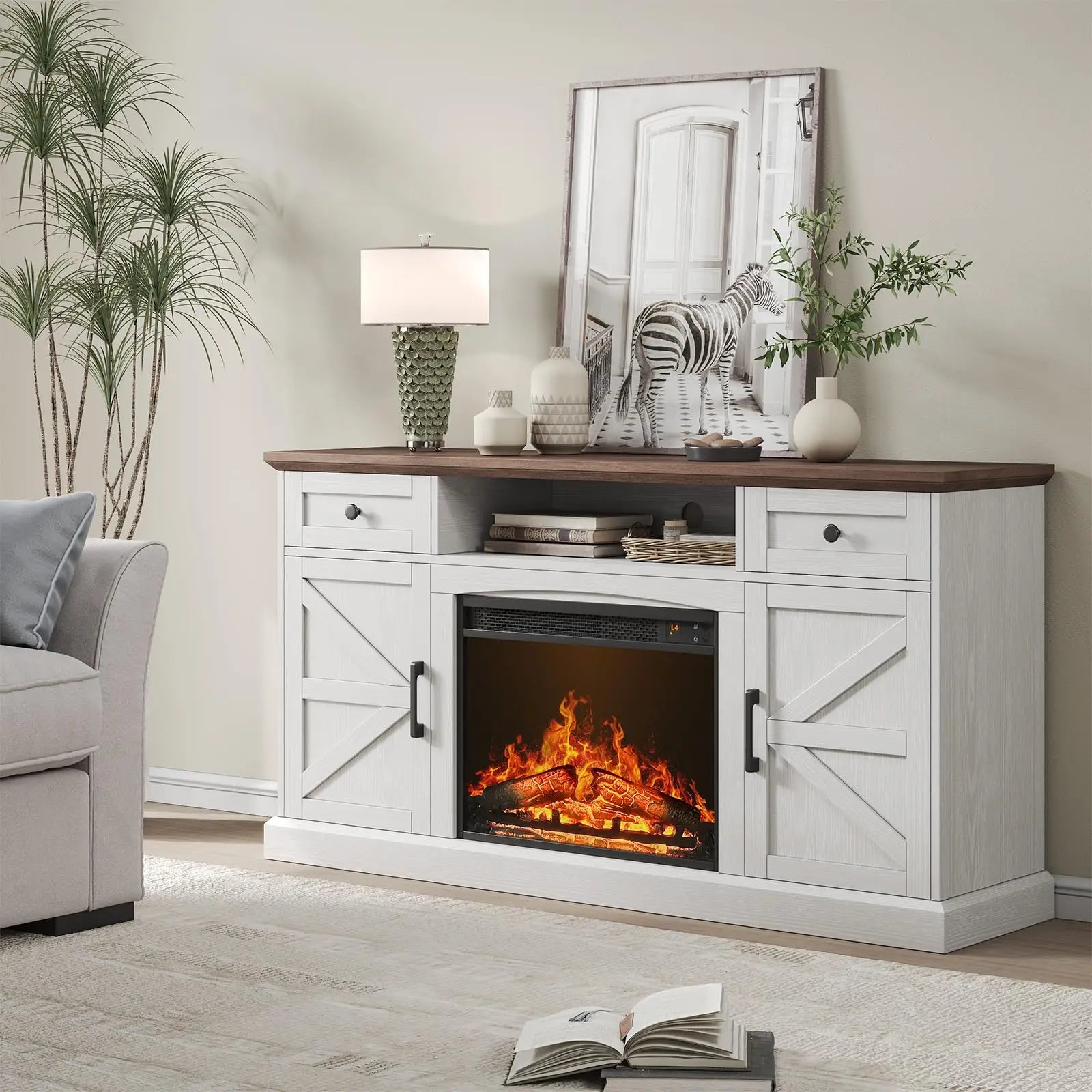Farmhouse TV Stand with 23-Inch Electric Fireplace, Entertainment Center for Tvs up to 70 Inches, Media Console Table with Drawers and Storage, Antique White