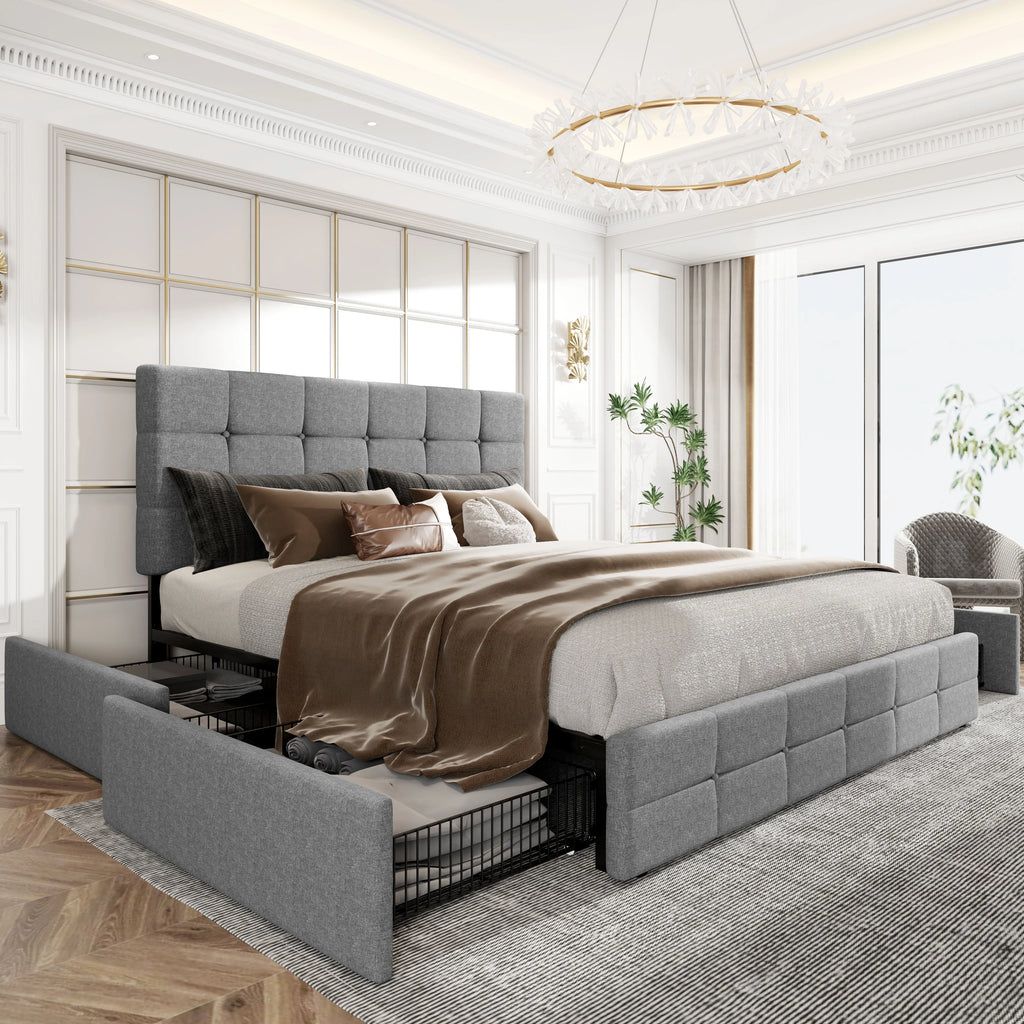 Platform Storage Bed Frame with 4 Drawers, Adjustable Headboard with Square Stitched Button Tufted Design Allewie