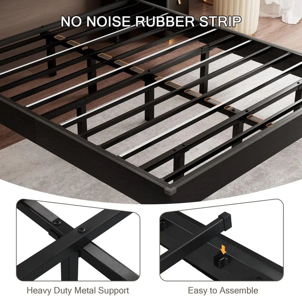 Bed Frame Queen Size with LED Lights Amp Charging Station Kids Wood Floating Queen Bed Frame with Storage Headboard, Adhesive S