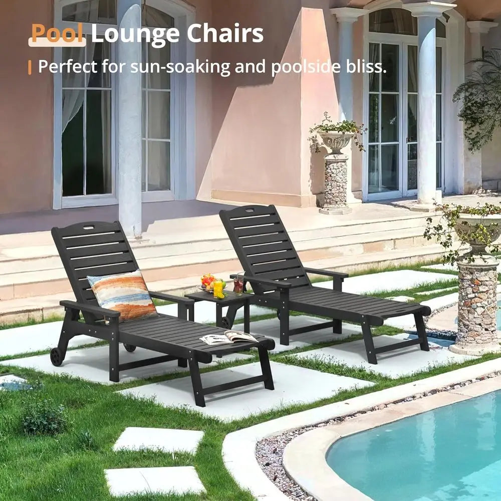 2-Piece Outdoor Pool Lounge Chairs with Adjustable Backrest, Wheels & Side Table – Black