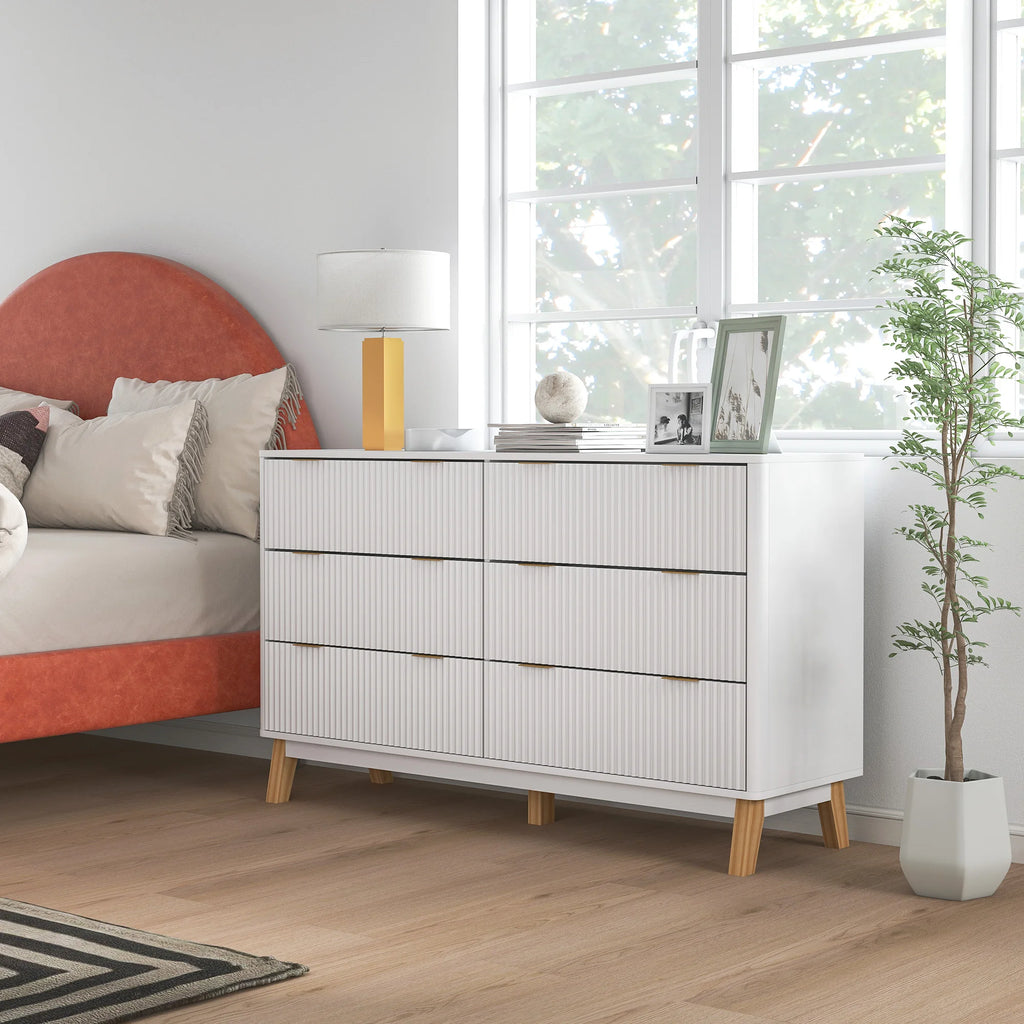 Fluted Dresser for Bedroom with 6 Drawers, 54" Wide Chest of Drawers with Gold Finger Pulls and 5 Wood Legs, White