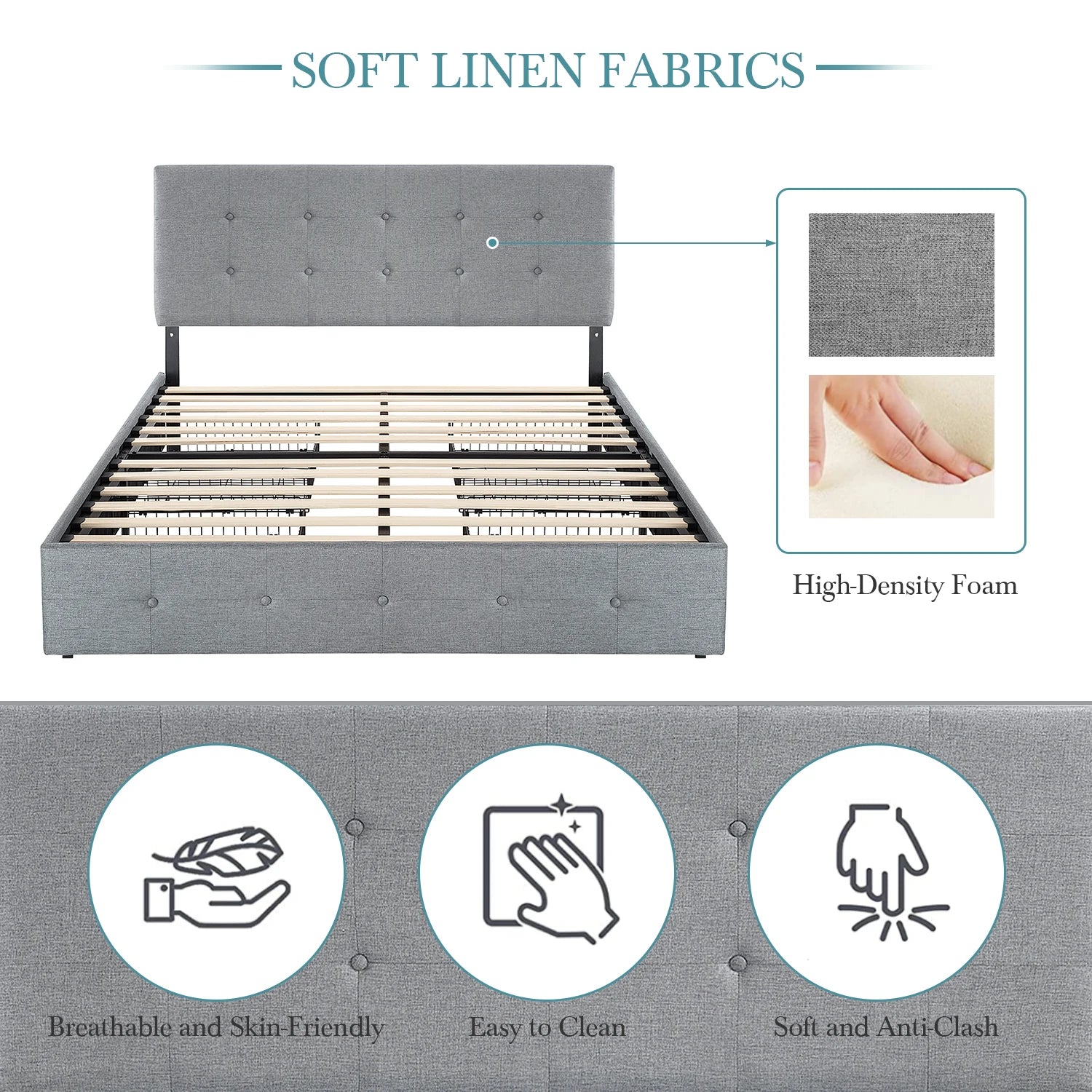 Platform Storage Bed Frame with 4 Drawers, Adjustable Headboard with Square Stitched Button Tufted Design Allewie
