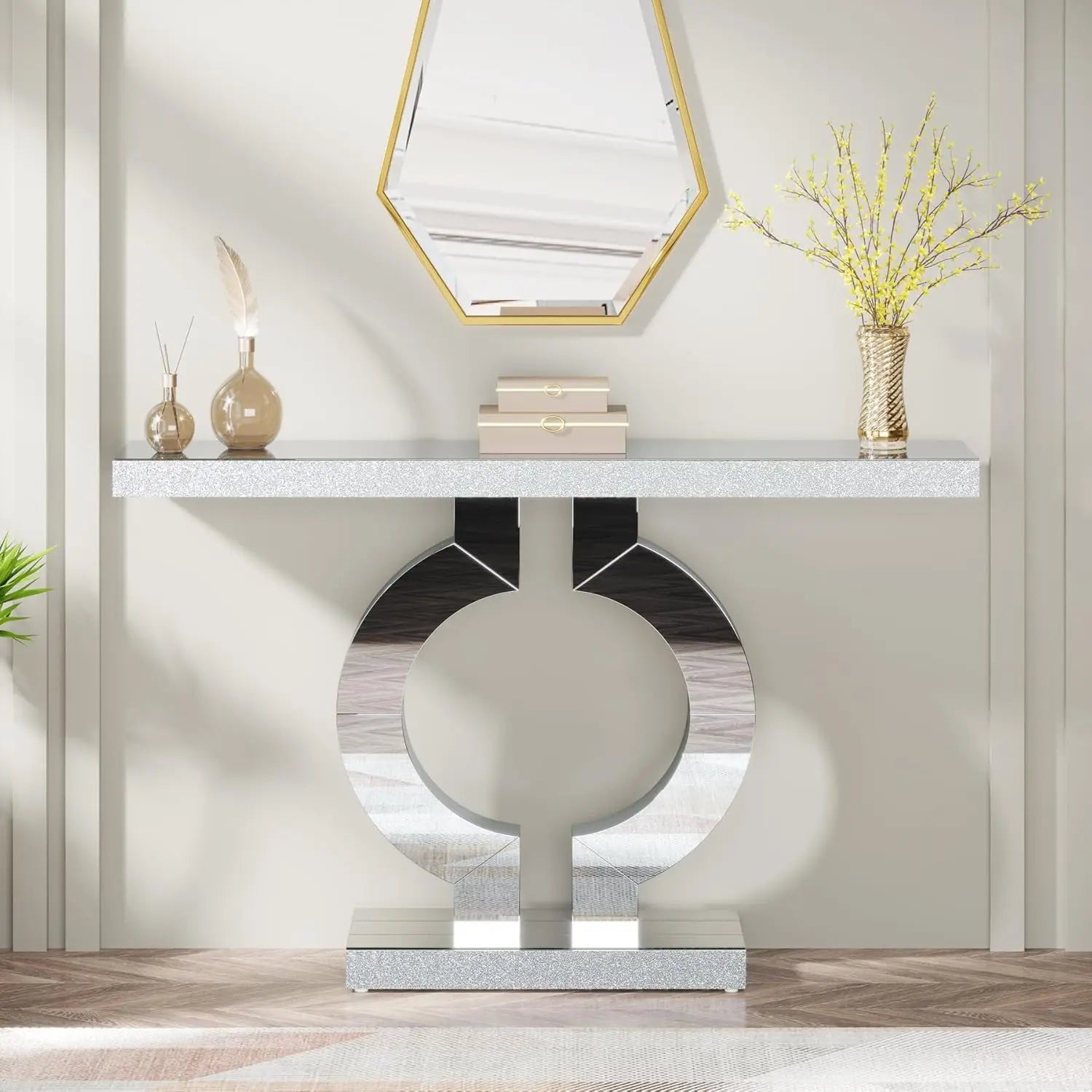 43.3-Inch (110Cm)Mirrored Console Table, Modern Entryway Table with Thickened Mirror Finish Tabletop