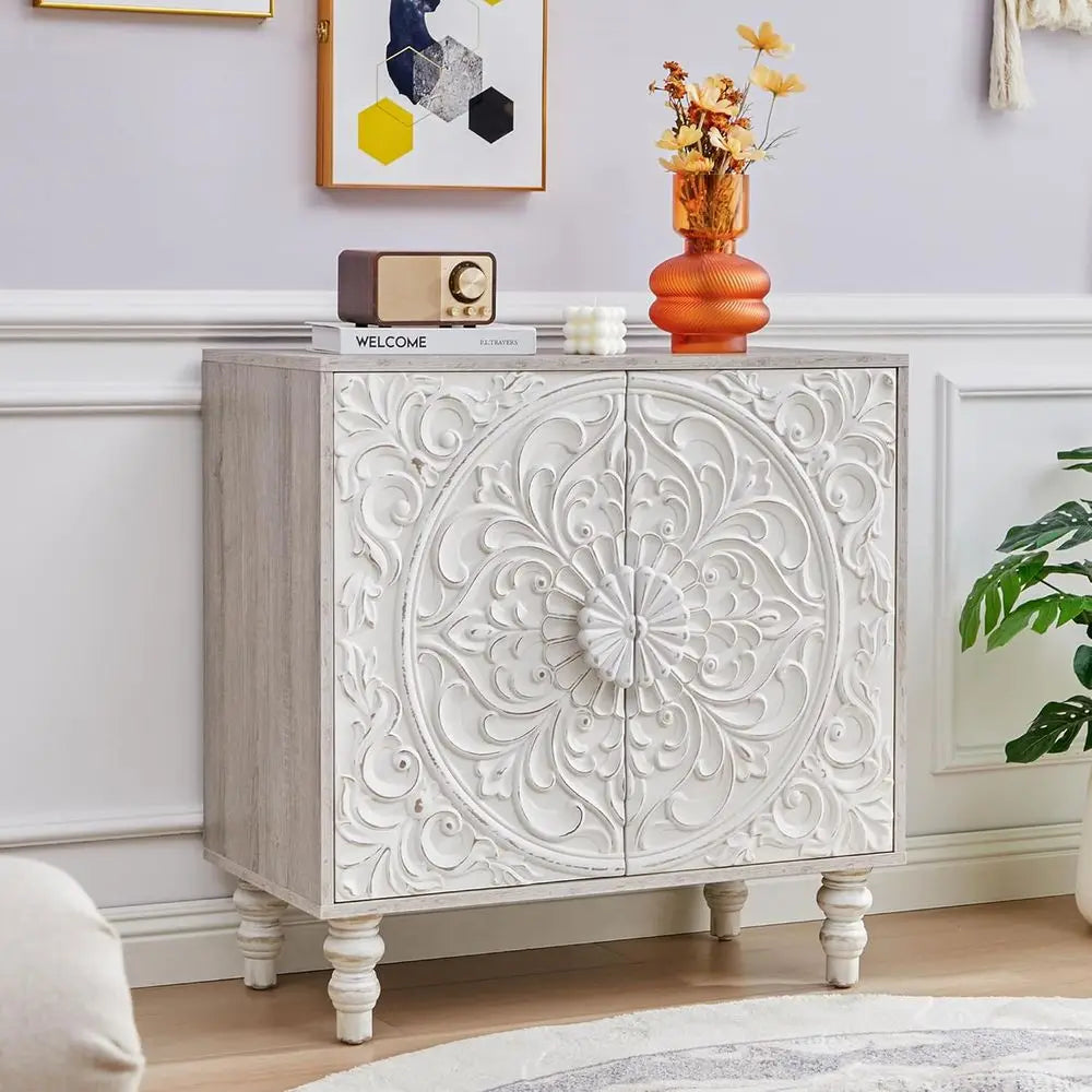 French-Style Vintage Sideboard Cabinet, 62 Wide, with 2 Carved Doors for Living, Hallway, Dining Rooms