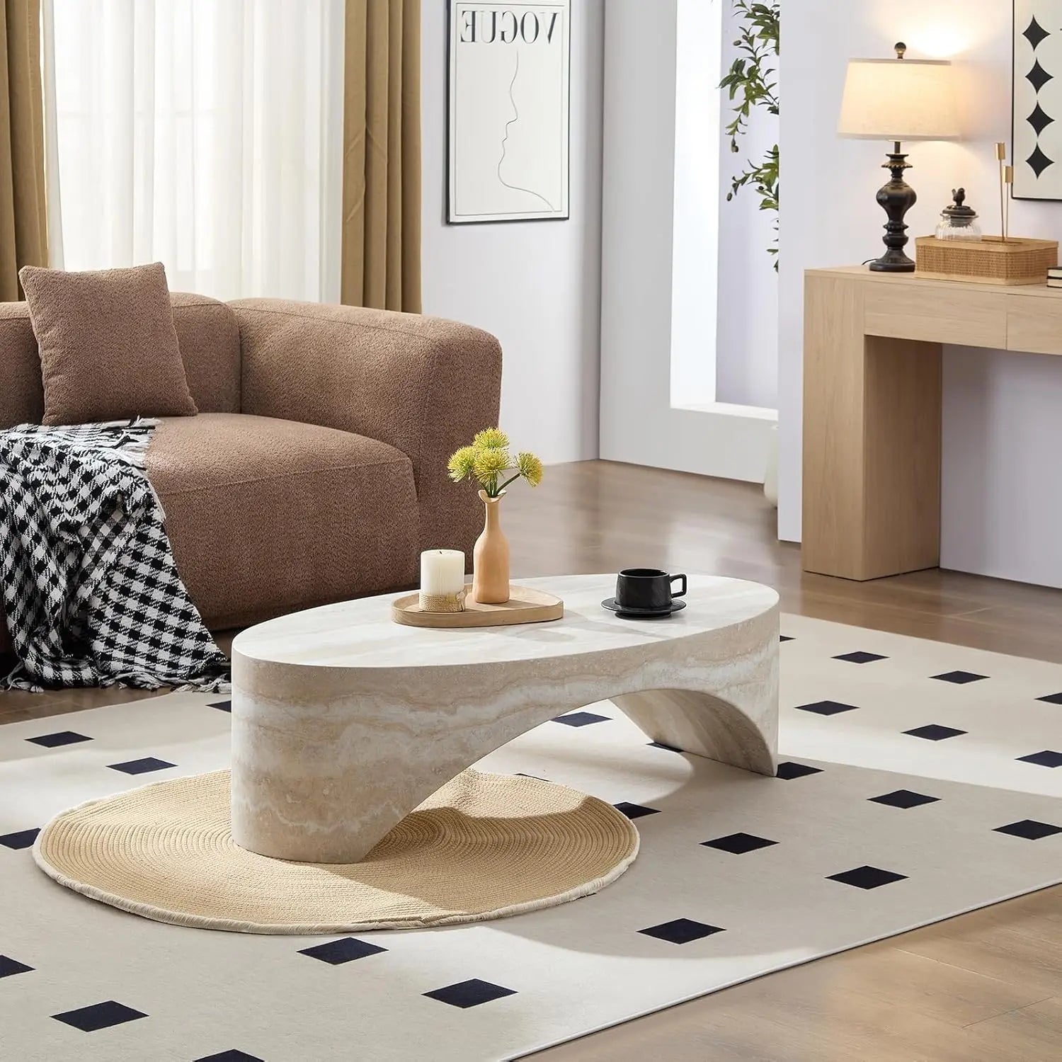 43.31'' Modern Coffee Table, Oval Faux Marble Coffee Tables Arched, Minimalist Accent Center Table, Bridge Stone Side End Table