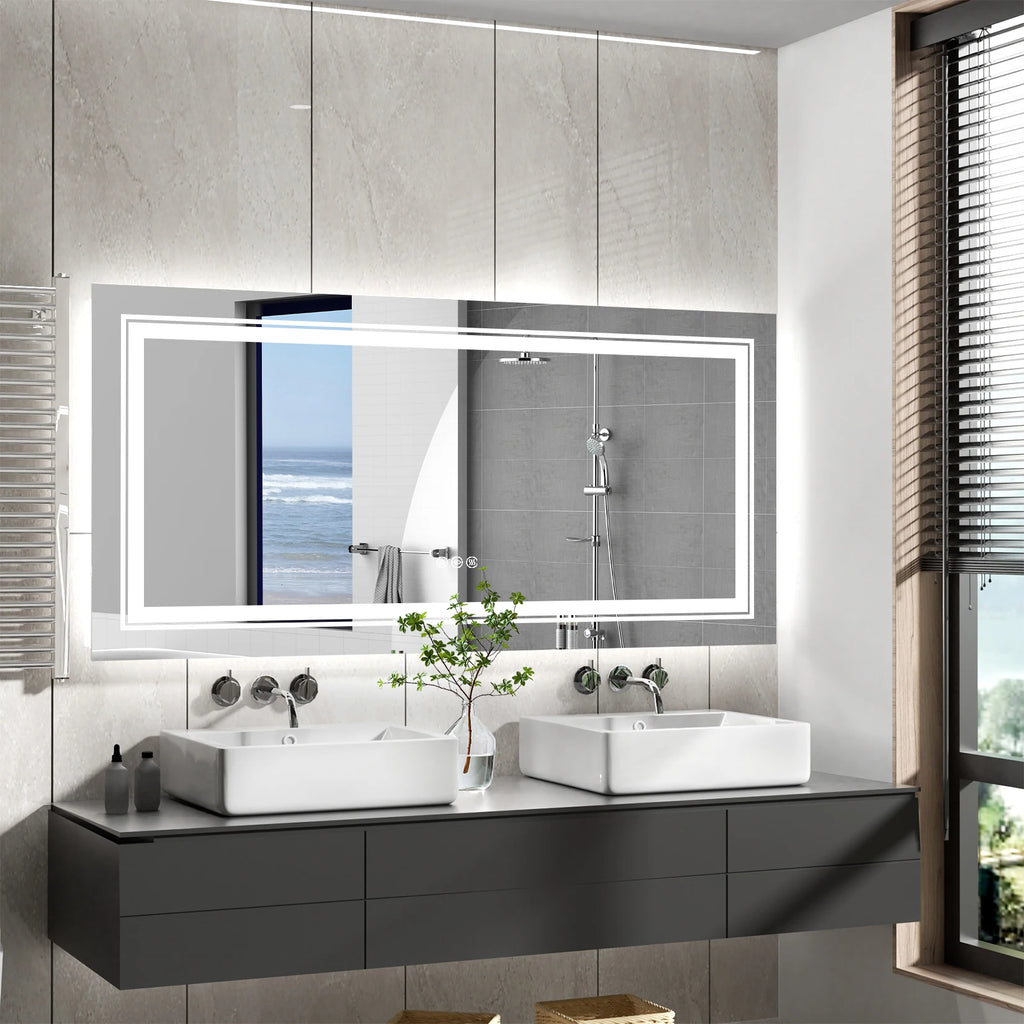 55X28 Inch Dimmable Large Rectangular LED Lighted Bathroom Mirror Wall Mounted Vanity Backlit Mirror with Touch 3 Colors Switch