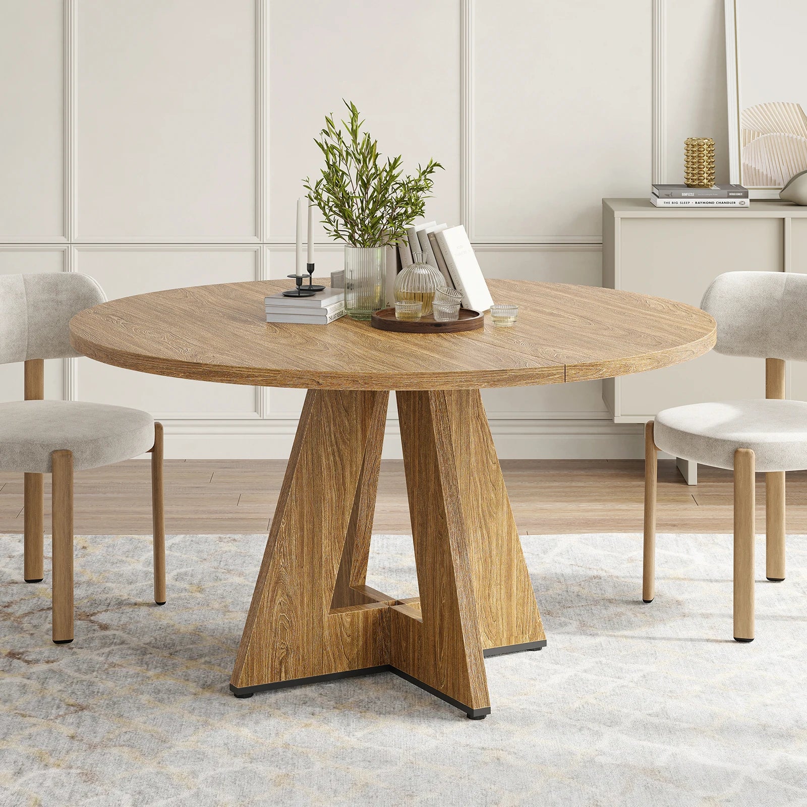 47" round Dining Table for 4-7, Modern Wood Table with Sturdy Metal Base, Large round Kitchen & Dinner Table, Easy Assembly