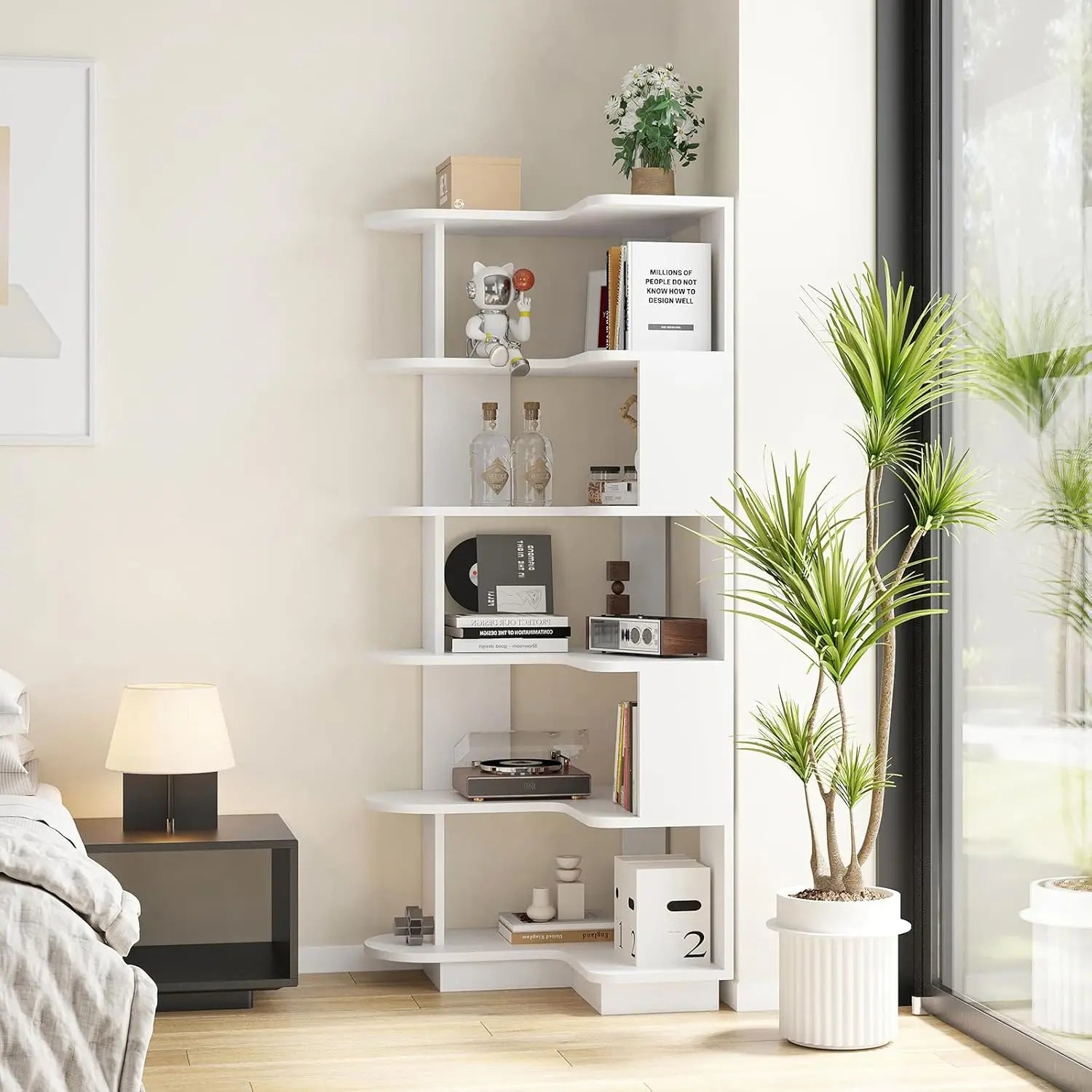 Corner Bookshelf Space-Saving Storage Shelf with Multiple Tiers, for Living Room, Home Office, Bedroom, Study