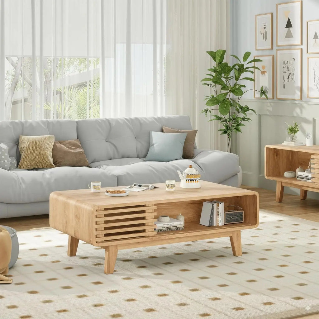 Mid Century Modern Farmhouse Coffee Table with Storage, Wood Table for Living Room, Farmhouse Style
