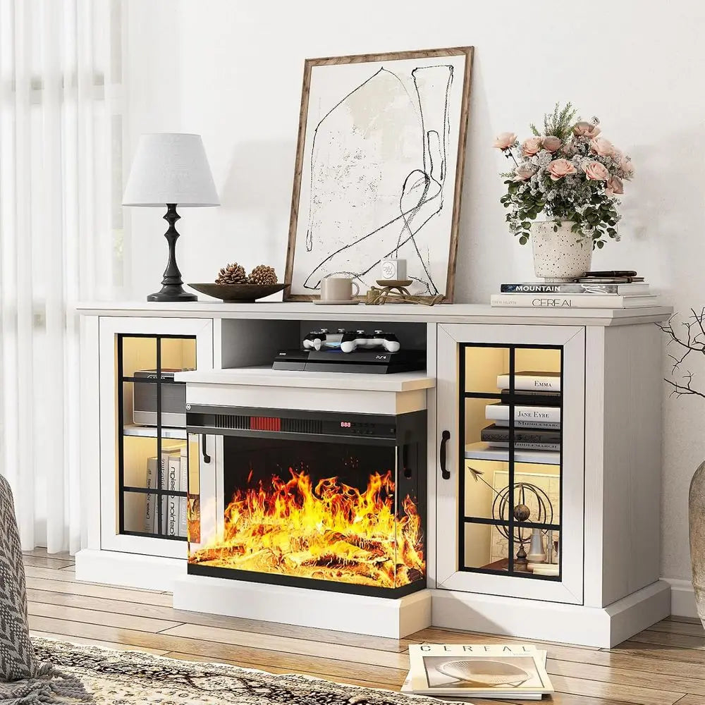 59 3-Sided Glass TV Stand, Entertainment Center for Tvs up to 65, Adjustable LED Light, White Living Room Furniture