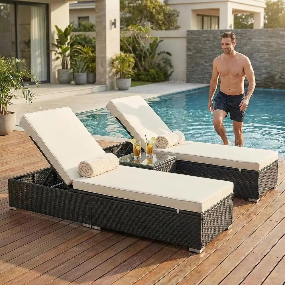 2-Piece Weather-Resistant Wicker Lounge Chair Set with Side Table & Adjustable Backrests – White