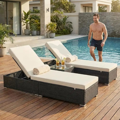 2-Piece Weather-Resistant Wicker Lounge Chair Set with Side Table & Adjustable Backrests – White