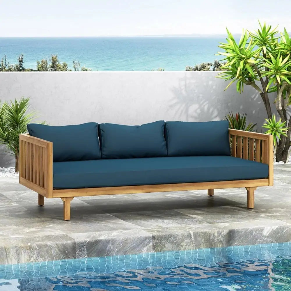 3-Seater Acacia Wood Daybed with Water-Resistant Cushions for Outdoor Patio and Garden, Blue