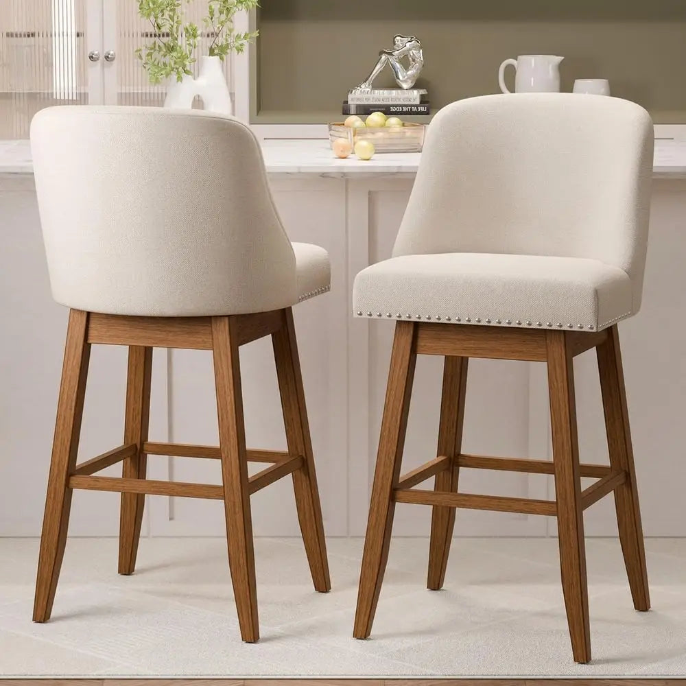 30 Swivel Upholstered Bar Stools Set of 2, Solid Wood Legs, Footrest, Beige