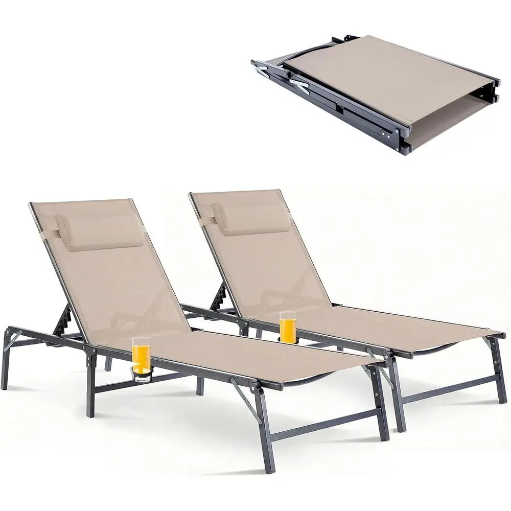 2-Pack Collapsible Outdoor Chaise Lounge Chairs with Cup Holder, Adjustable Backrest & Detachable Pillow – Khaki