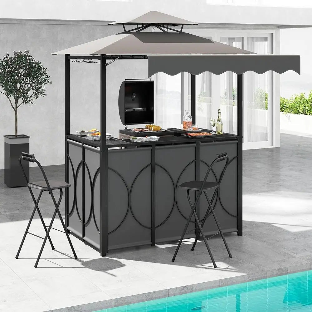 Gray 3-Piece Patio Bar Set with Grill Gazebo, Folding Bar Stools, Awning, Metal Shelves, and Drink Holders